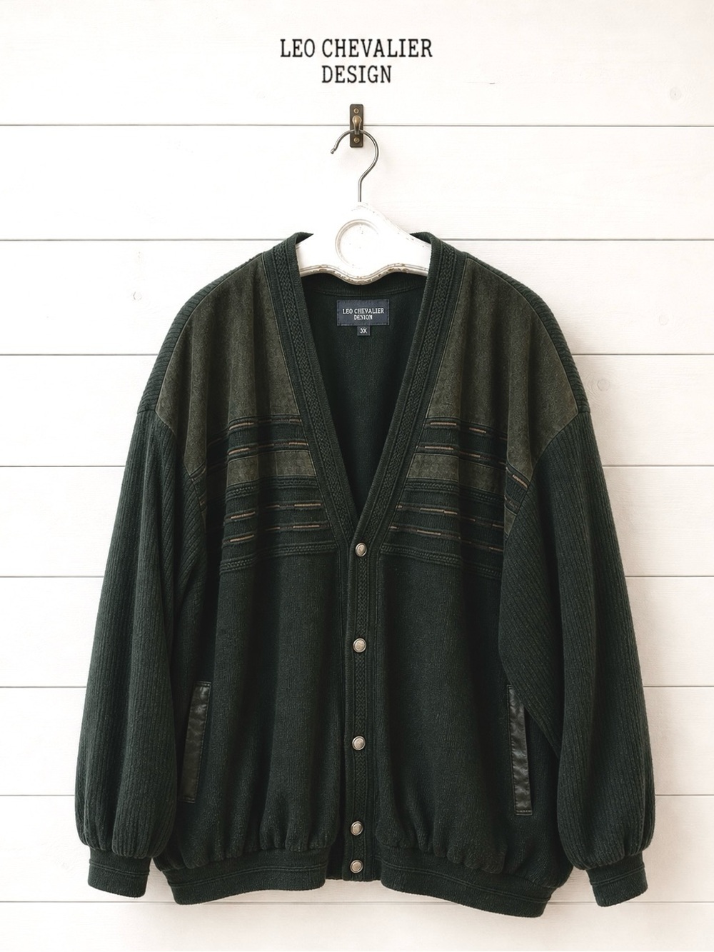 LEO CHEVALIER Black Khaki Leather Trim Cardigan Sweater Size 4XL